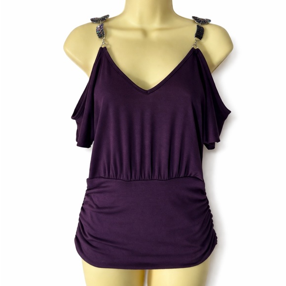Rhapsody Purple Cold Shoulder Beaded Strap Y2K Top Ruched XS Small - Picture 2 of 6